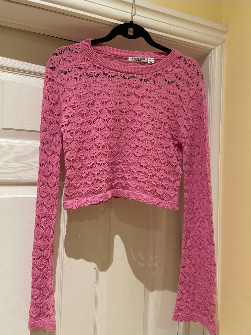 BRAVE SOUL London Pink Openwork Pointelle Cropped Sweater Y2K Coquette M